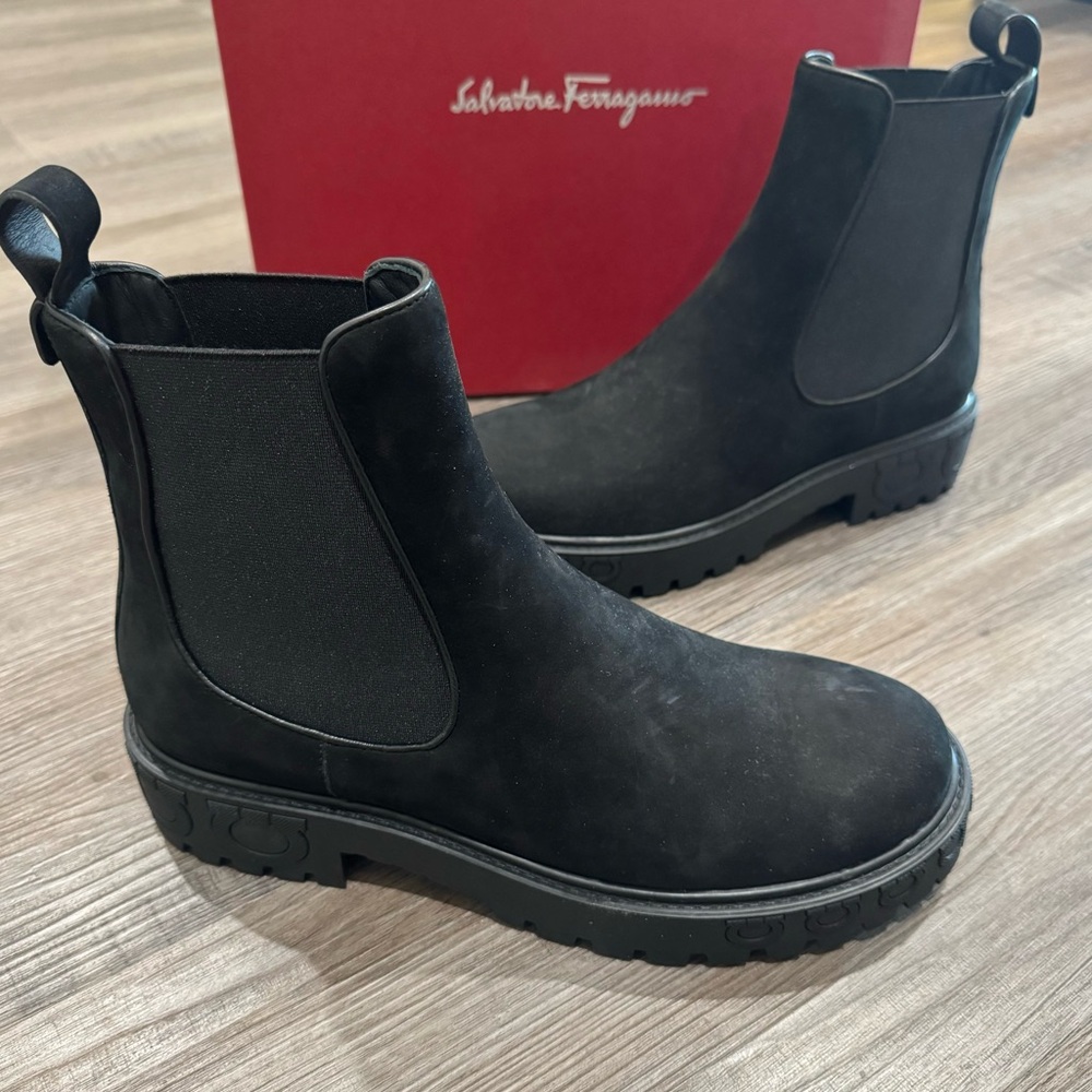 Salvatore Ferragamo Varsi Gancini Logo Chelsea Black Suede Leather Combat Boots